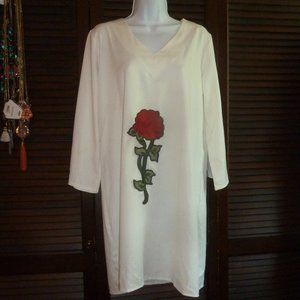 White Mini Dress with Rose Applique Patch, Wide Sleeves, Shift, Round Neck, M